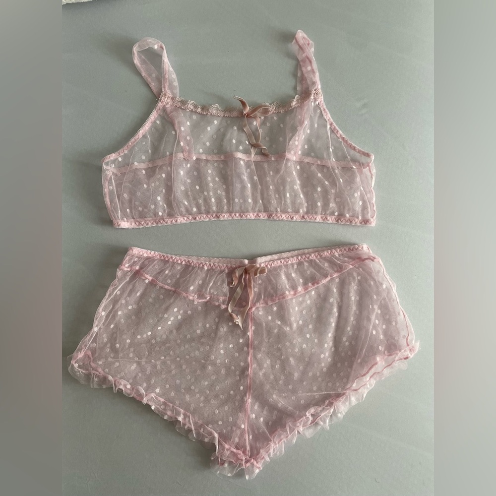 Victoria's Secret Light Pink Sheer Polka Dot Bralette & Shorts Set